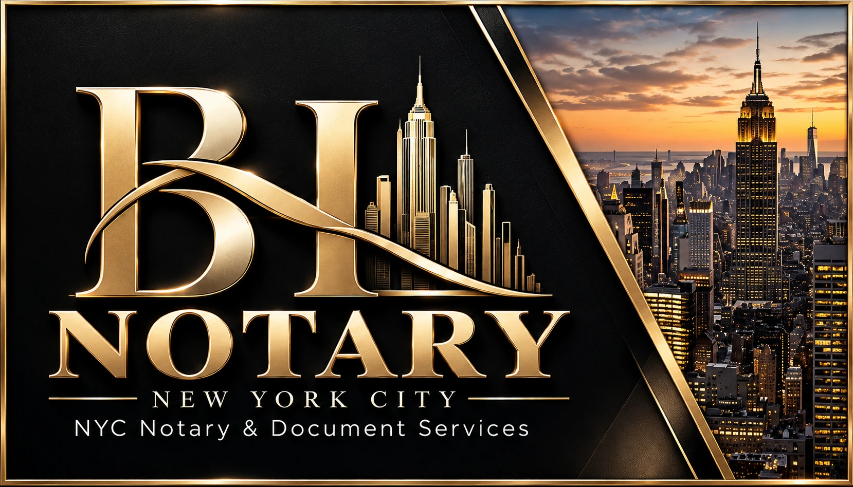 BH Notary — New York City — NYC Notary & Document Services, with the Manhattan skyline at dusk